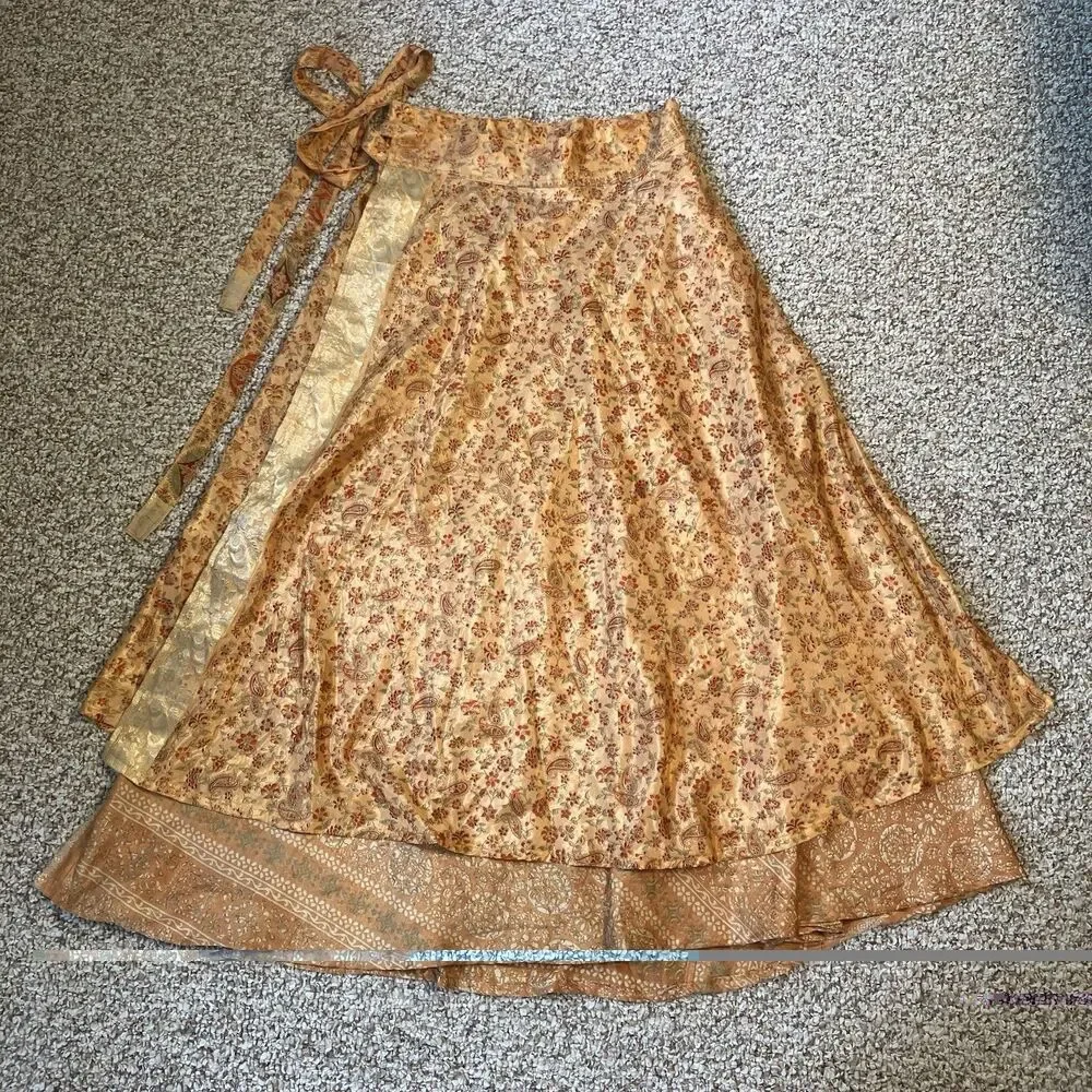 100% Silk Wrap Skirt One Size Orange Floral Flowy Midi-Maxi Boho Hippie Festival